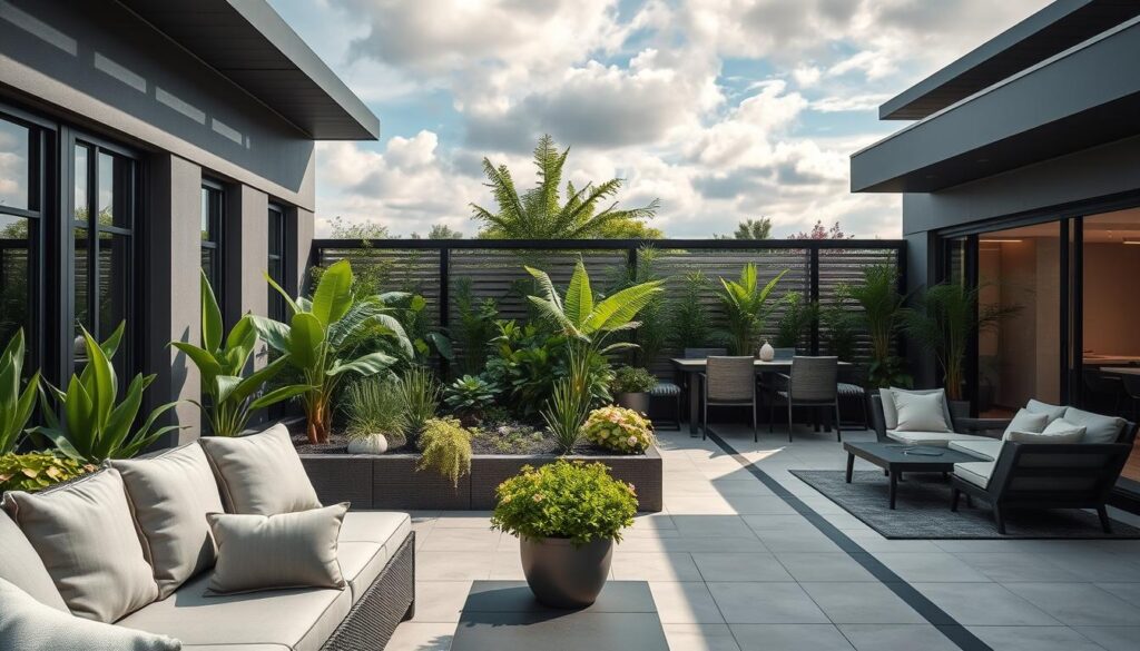 Moderne Terrassenplanung mit verschiedenen Zonierungsbereichen