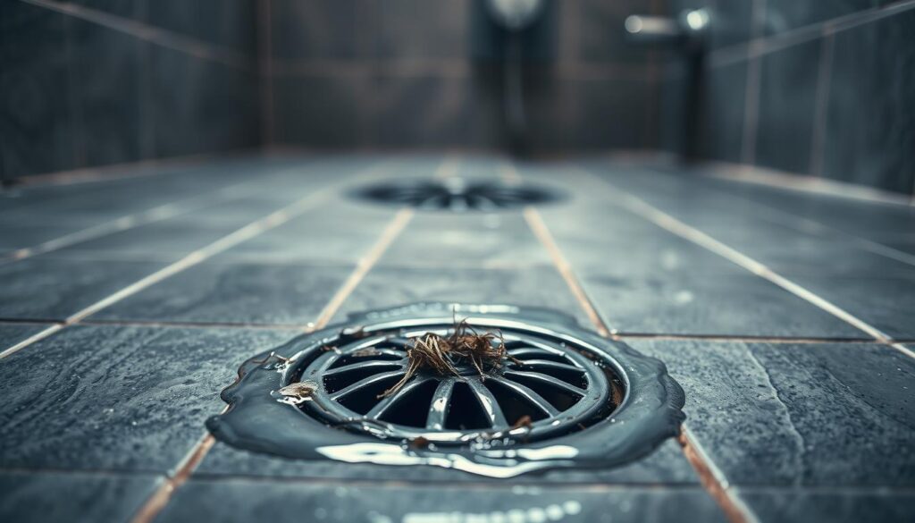 verstopfter Duschabfluss mit stehendem Wasser